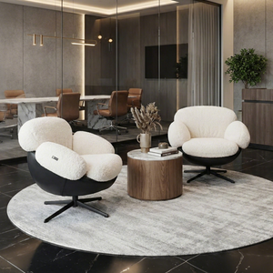 Cara Modern Swivel Lounge Chair in White Lamb Velvet and Black Leather, Neutral Modern Design.