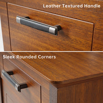 Dark Walnut File Cabinet Detail With Leather Handle and Rounded Corners.