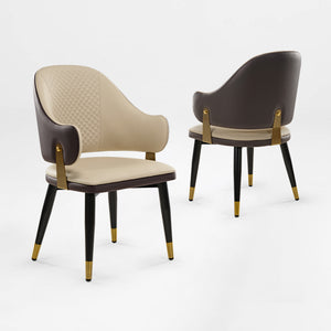 Anareli Upholstered Dining Arm Chair in Beige and Dark Brown Faux Leather With Gold Accents 2 pcs