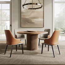 Juliet Dining Arm Chairs Set Around a Modern Wooden Dining Table.