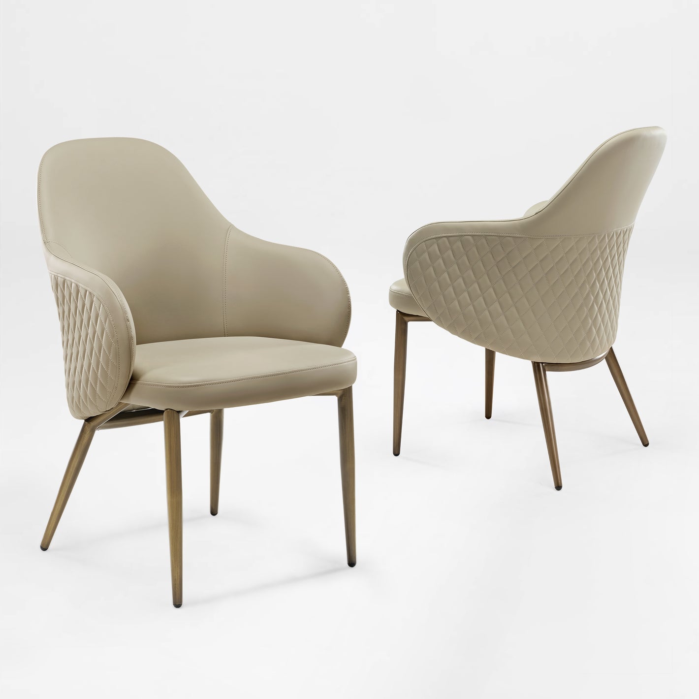 Acalay Beige Upholstered Dining Arm Chairs Set of 2, Featuring Diamond-Stitched Backrests and Golden Legs