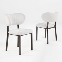 Nibbles Upholstered Dining Chair Detail. White Geometric Fabric, Dark Legs. Modern Dining Room Seating 2 pcs