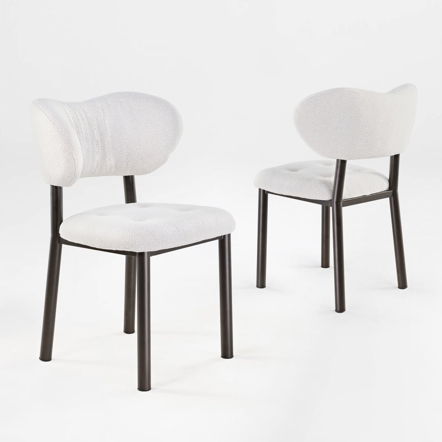 Nibbles Upholstered Dining Chair Detail. White Geometric Fabric, Dark Legs. Modern Dining Room Seating 2 pcs