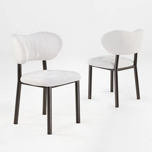 Nibbles Upholstered Dining Chair Detail. White Geometric Fabric, Dark Legs. Modern Dining Room Seating 2 pcs