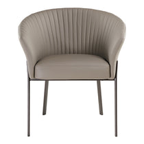 Jade Upholstered Arm Dining Chair With Retro-Modern Design, Light Gray Upholstery, Dark Metal Legs, Dining Room Seating.