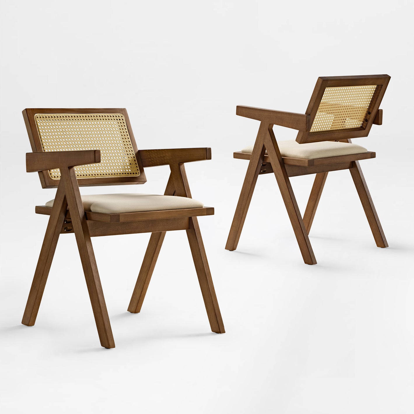 Eureka Ergonomic Mila mid-century modern walnut dining chair with handwoven rattan back and cream cushion, splayed legs 2 pcs