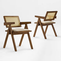 Eureka Ergonomic Mila mid-century modern walnut dining chair with handwoven rattan back and cream cushion, splayed legs 2 pcs
