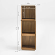 Eureka Ergonomic Cubo three-tier walnut rotating storage cabinet dimension chart with width, depth and height in inches