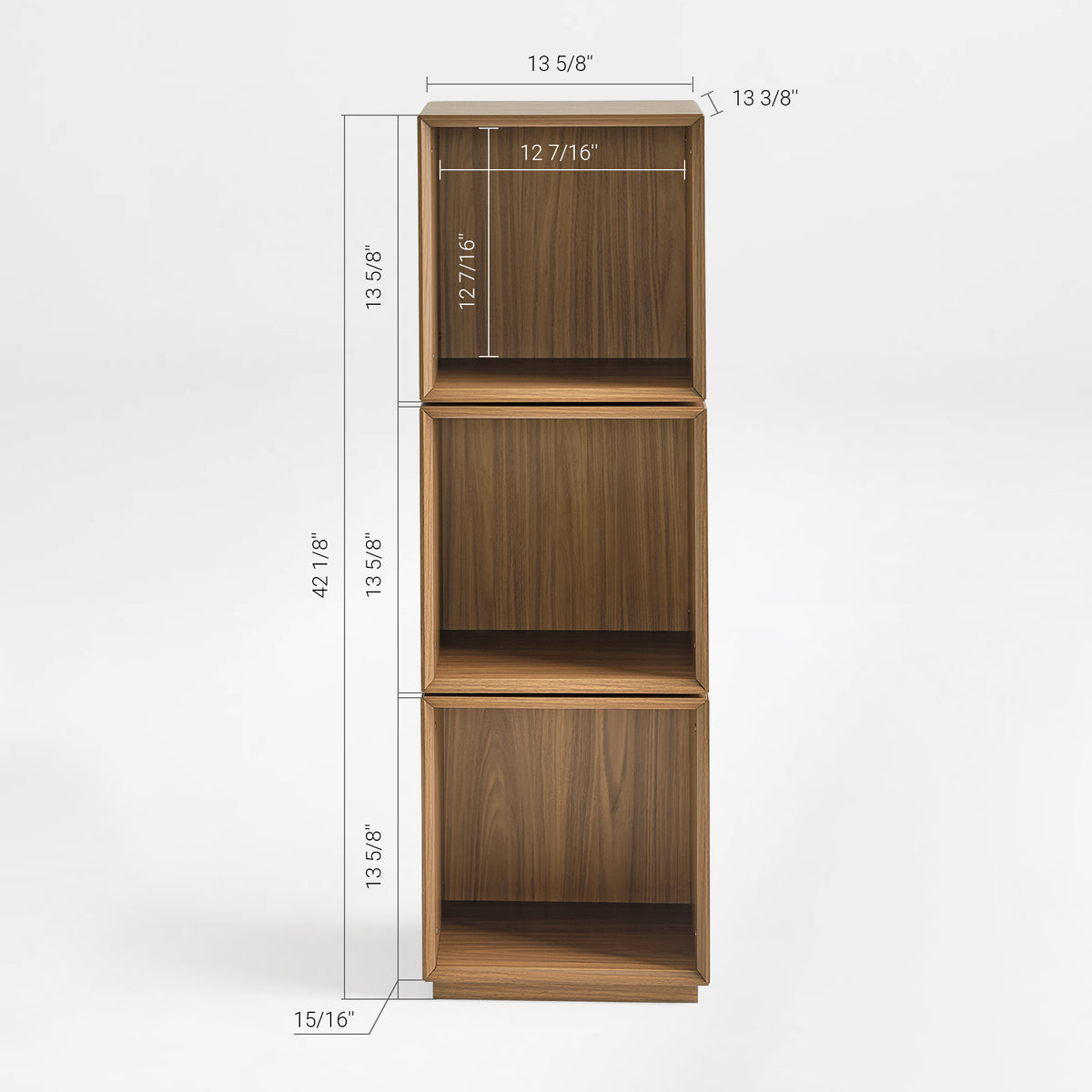 Eureka Ergonomic Cubo three-tier walnut rotating storage cabinet dimension chart with width, depth and height in inches