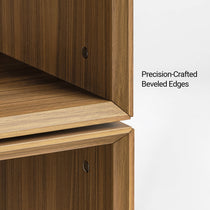 Eureka Ergonomic Cubo walnut cube close-up of the precision-crafted beveled edge joint with cam lock detail