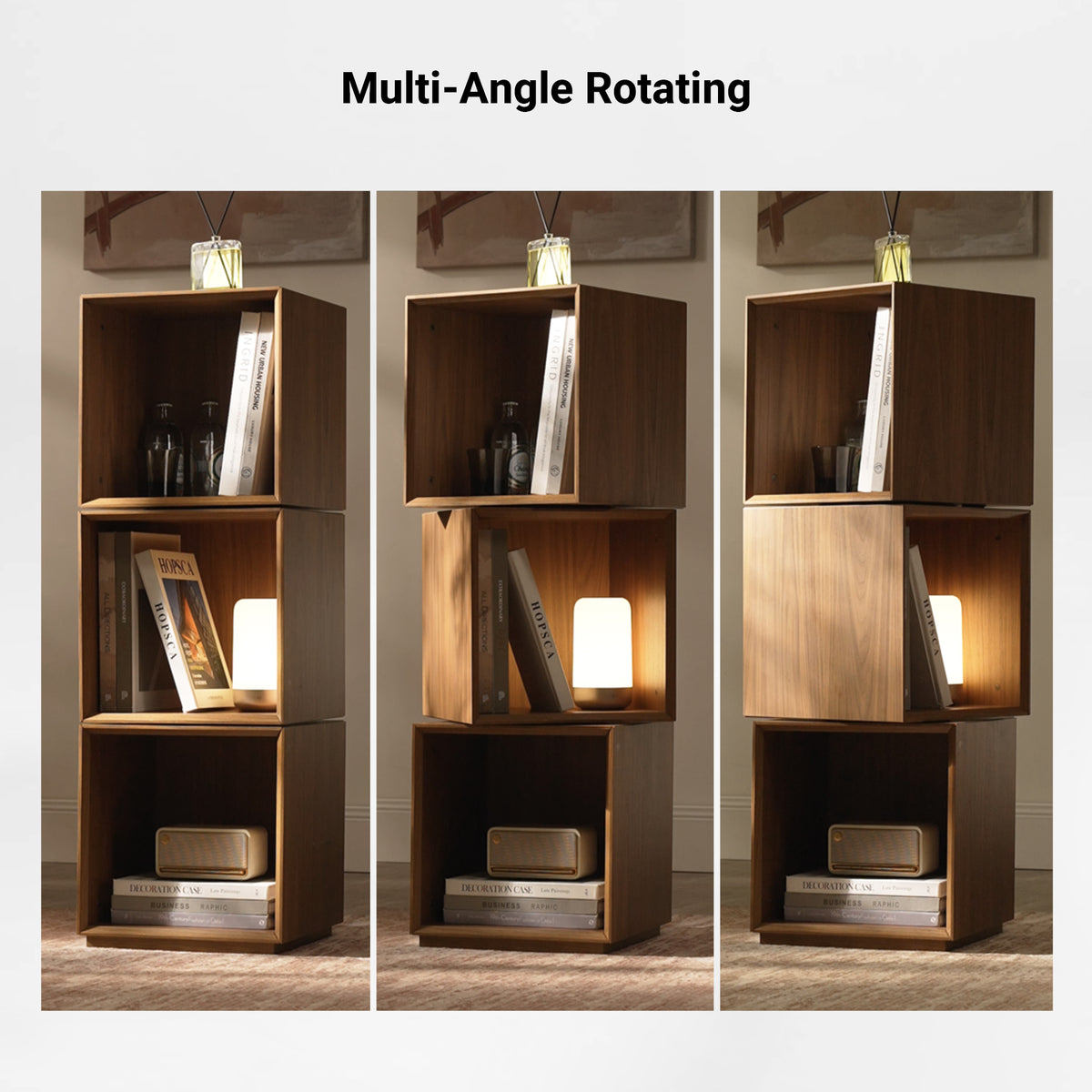 Eureka Ergonomic Cubo rotating storage cabinet shown in three panels to demonstrate multi-angle rotation of the tiers