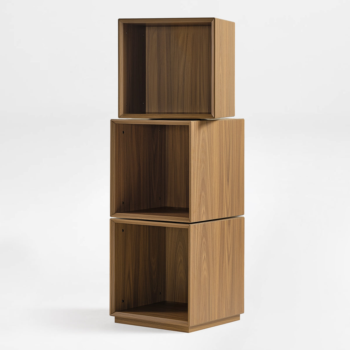 Eureka Ergonomic Cubo three-tier walnut rotating storage cabinet, empty cubes with one module rotated on white