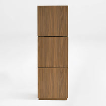Eureka Ergonomic Cubo three-tier walnut rotating storage cabinet from the back showing the solid walnut back panels