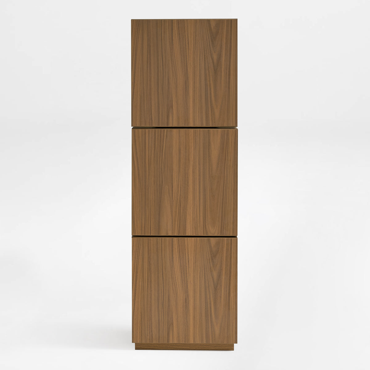 Eureka Ergonomic Cubo three-tier walnut rotating storage cabinet from the back showing the solid walnut back panels
