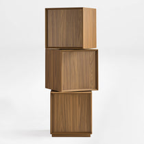 Eureka Ergonomic Cubo three-tier walnut rotating storage cabinet with the middle cube rotated 45 degrees on white