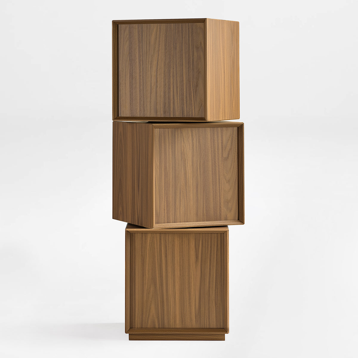 Eureka Ergonomic Cubo three-tier walnut rotating storage cabinet with the middle cube rotated 45 degrees on white
