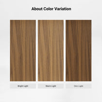Eureka Ergonomic Cubo walnut finish color variation shown in bright light, warm light and dim light panels