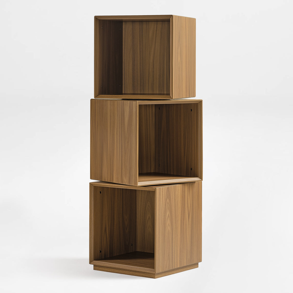 Eureka Ergonomic Cubo three-tier walnut rotating storage cabinet, empty open cubes in three-quarter view on white background