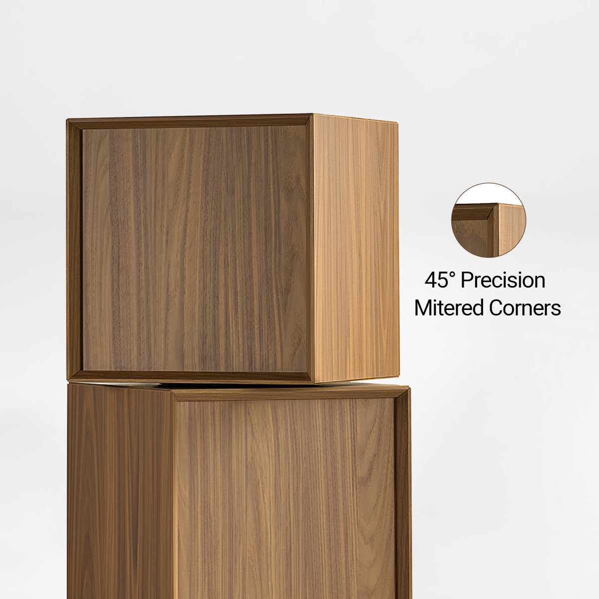 Eureka Ergonomic Cubo walnut cube close-up showing 45-degree precision mitered corners with inset detail
