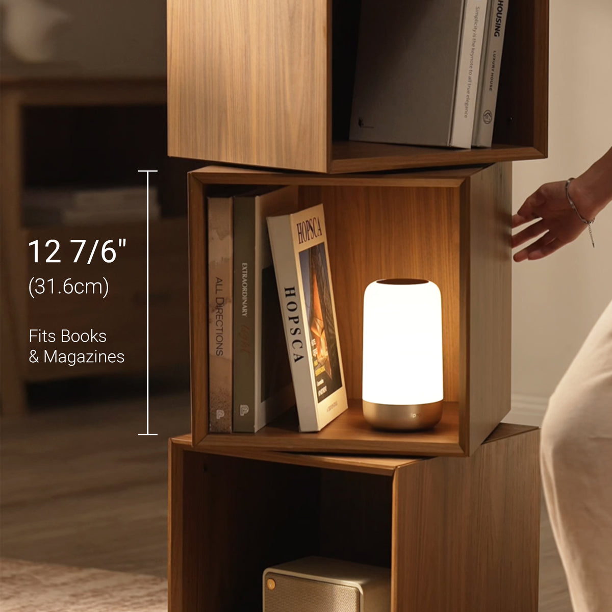Eureka Ergonomic Cubo walnut cube interior holding books and magazines with a 12 7/6 inch height callout