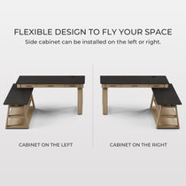 Ark Ex Standing Desk: Flexible Design, Oak Base, Black Desktop. Side Cabinet Placement Options.