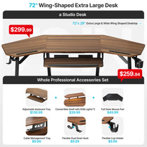 Eureka Ergonomic 72 Wing-Shaped Studio Desk With Accessories, Walnut Finish, Perfect for Gaming and Streaming Setups.