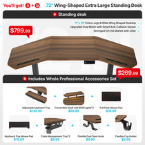 Eureka Ergonomic Aero Pro 72" wing-shaped standing gaming desk with RGB shelf and included accessories.