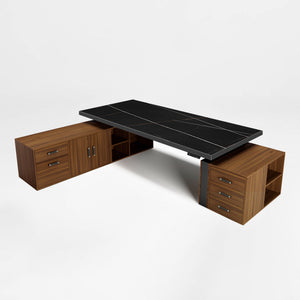 Eureka Ergonomic Zen Pro Executive Desk With Black Sintered Stone Top and Wood Cabinets.