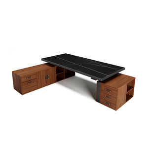 Eureka Ergonomic Zen Pro Executive Desk With Black Sintered Stone Top and Wood Cabinets.