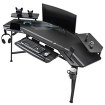 Eureka Ergonomic Aero Wing Gaming Desk With Accessories, Dual Monitor Setup, and Black Finish.
