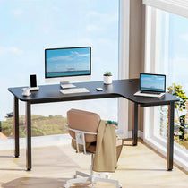 Eureka Ergonomic L-Shaped Desk Setup With Triple Monitors, Laptop, and Ergonomic Chair in a Modern Office.