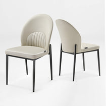 Off-White Leather Dining Chair With Black Metal Legs. Modern Minimalist Design, Set of 2 Chairs.