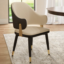 Anareli Upholstered Dining Arm Chair, Beige and Dark Brown Faux Leather With Golden Accents.