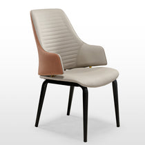 Juliet Dining Arm Chair: Cream Upholstered Seat, Brown and Orange Armrest, Black Legs. Modern Dining Room Chair.