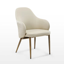 Acalay Beige Upholstered Dining Armchair With Diamond Stitching and Wooden-Toned Legs.
