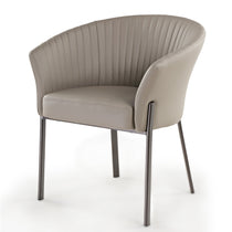 Jade Upholstered Armchair With Retro-Modern Design, Light Gray Shell-Shaped Back, Dark Metal Legs, Dining Room Chair.