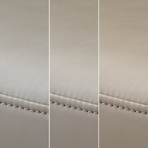 Close-Up Detail of Jade Upholstered Dining Chair Fabric and Stitching, Retro-Modern Design.