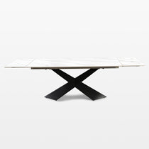 Evelyn Extendable Dining Table With White Sintered Stone Top, Black X-Shaped Legs, Modern Design.