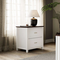 Eureka Ergonomic Ark Es 29 White File Cabinet With Brown Top, in a Home Office With Lamp and Decor.