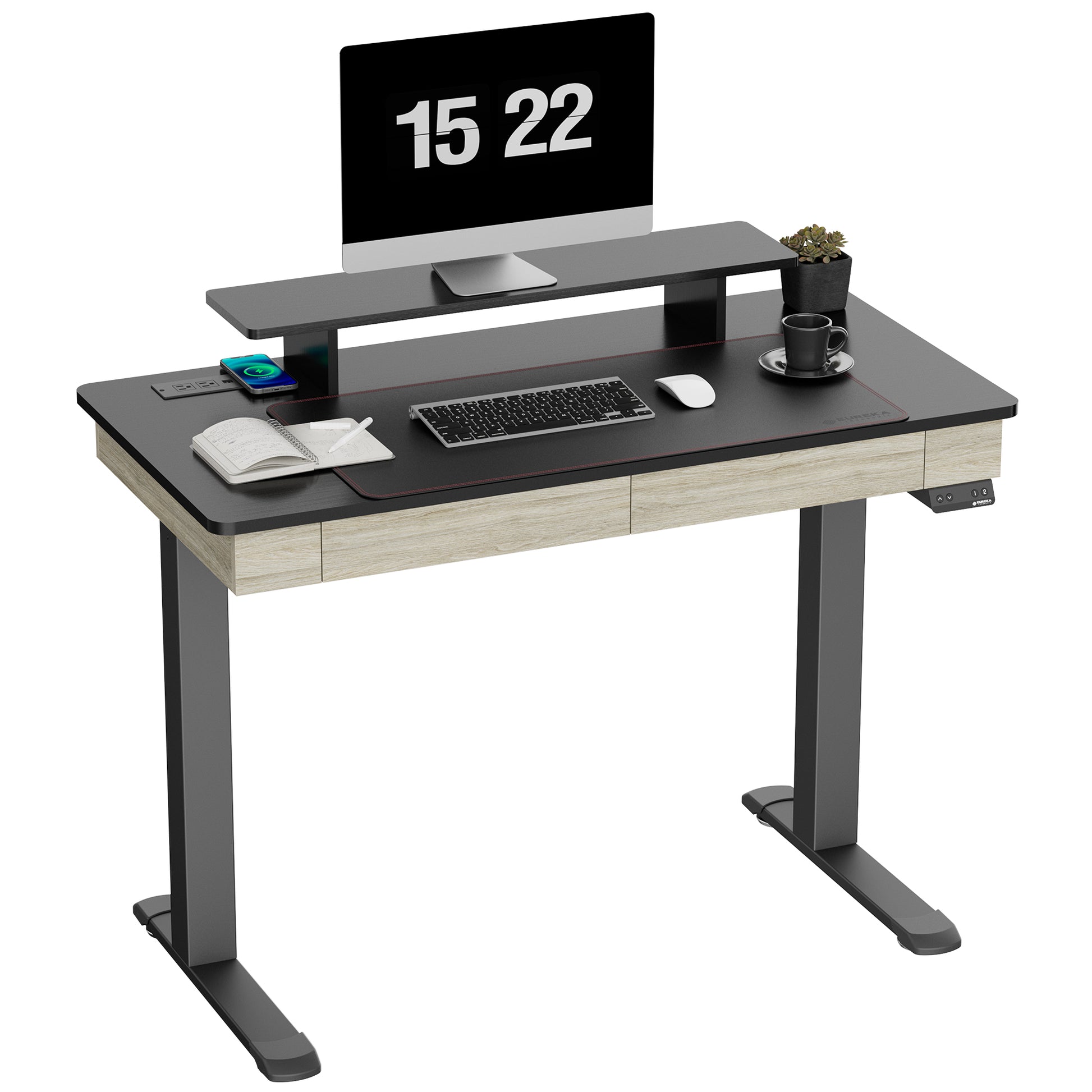 Eureka Ergonomic 47 Standing Desk With Drawers, Black Top and Wood Finish, Dual Monitors Setup, Ergonomic Home Office.
