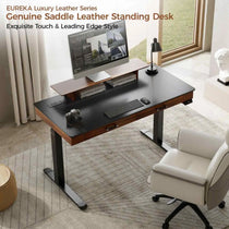 Eureka Luxury Leather Standing Desk With Genuine Saddle Leather and Monitor. Exquisite Touch & Leading Edge Style.