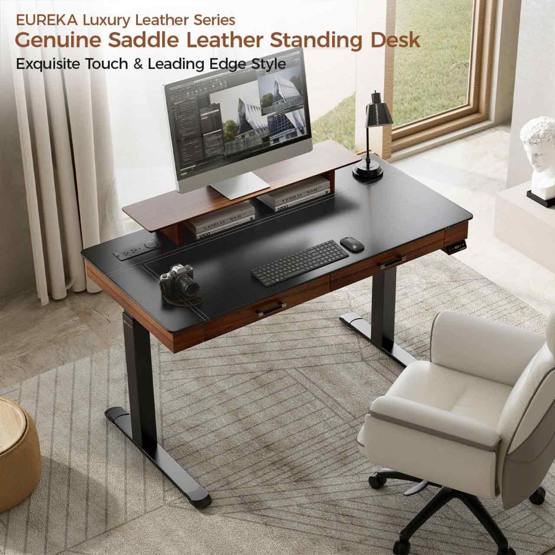 Eureka Exclusive Standing Desk with two drawers, Walnut & Balck-colored