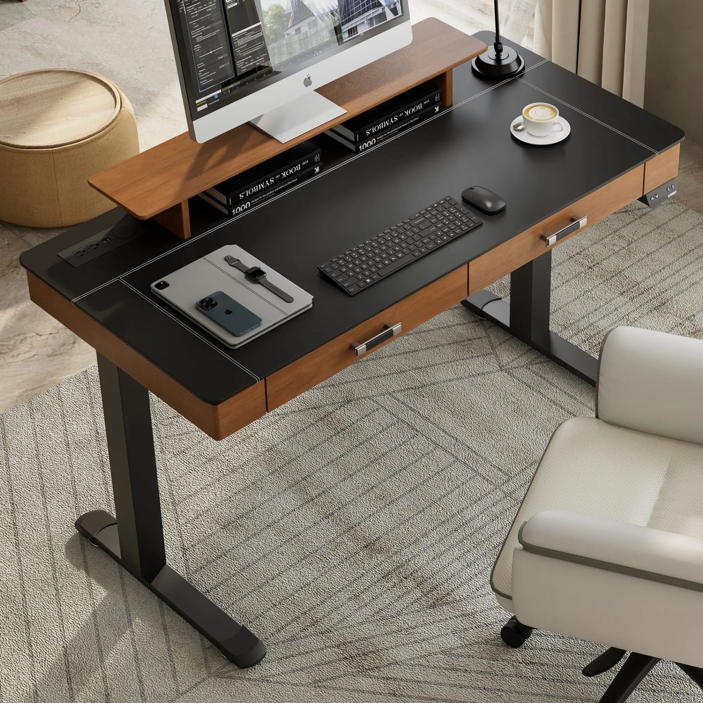 Black Faux Saddle Leather Adjustable Standing Desk With Monitor, Accessories and Office Chair.
