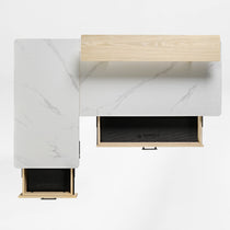 Eureka Ergonomic Ark Pro L-Shaped Desk With White Sintered Stone, Setup With Monitor, Keyboard, Office Chair, and Accessories.