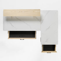 Eureka Ergonomic Ark Pro L-Shaped Standing Desk With White Sintered Stone Top, Setup With Monitor, Keyboard, and Reports.