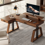 Eureka Ergonomic Ark Pro L-Shaped Walnut Standing Desk With Monitor, Keyboard, Mouse, and Accessories.
