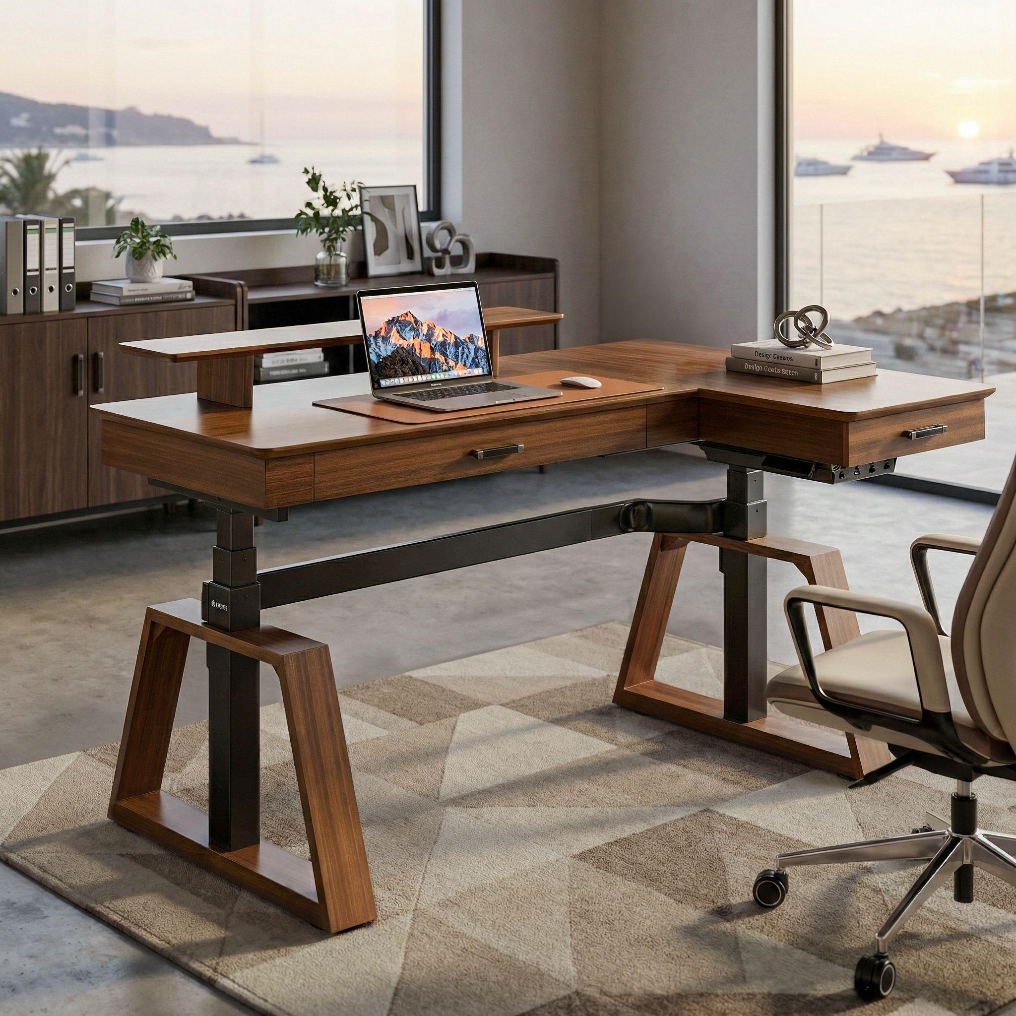 Eureka Ergonomic 63'' L Shape Executive Standing Desk, Walnut Finish