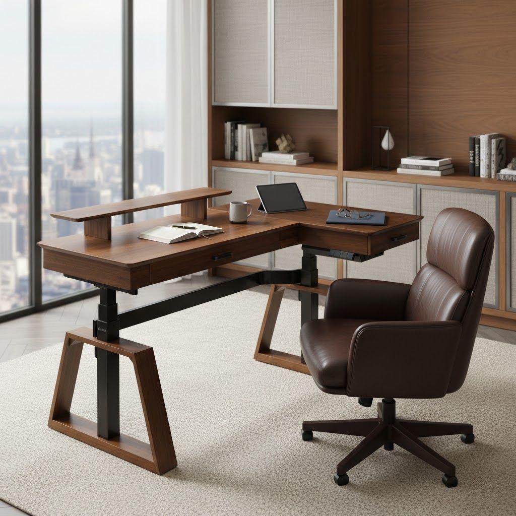 Eureka Ergonomic 63'' L Shape Executive Standing Desk, Walnut Finish