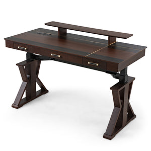 Ark Sws Pro Executive Standing Desk With Dark Wood Finish, X-Shaped Legs and Gold Accents.