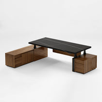 Eureka Ergonomic Zen Pro Executive Standing Desk With Black Sintered Stone Top and Wood Cabinets,Front Overview.